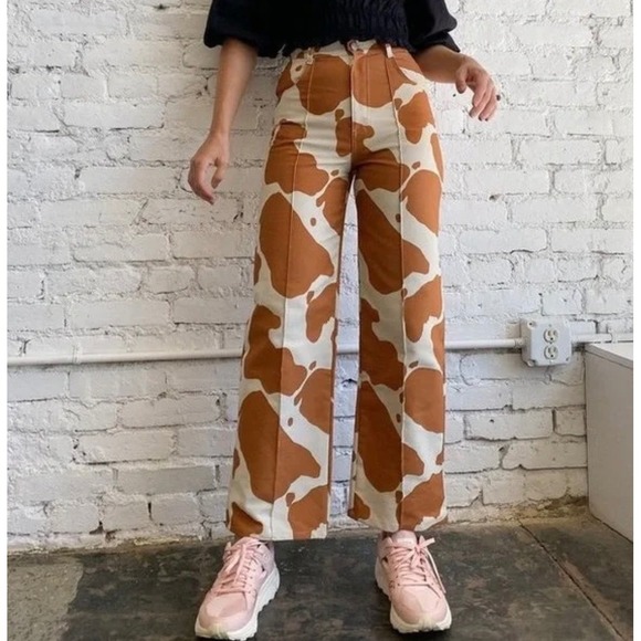Lisa Says Gah Robyn Straight Leg Jeans In Brown Cow Print Sz 29 Maximalist Retro - Picture 2 of 11